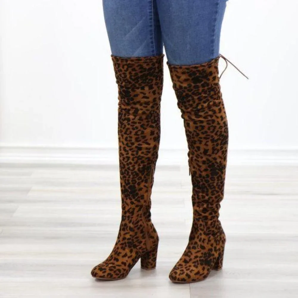 Suede Leopard Thigh High Heeled Boots - Picture 11 of 15